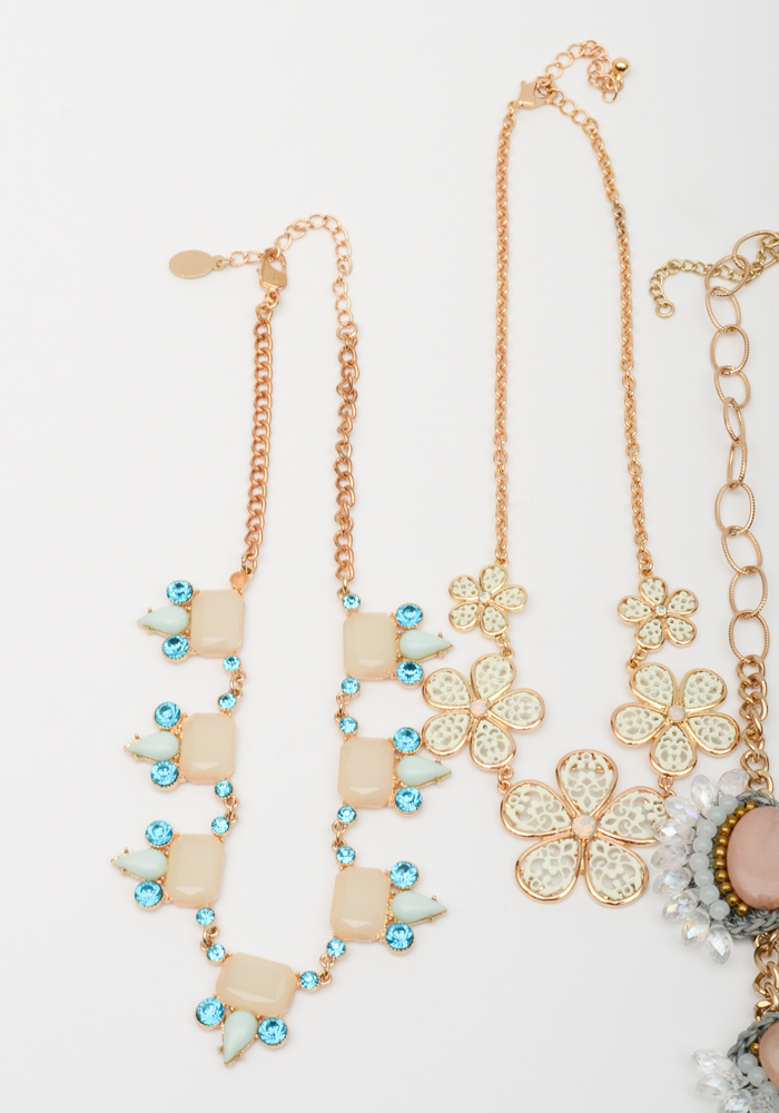 Rhinestone and Beaded Gold Tone Chain Necklaces