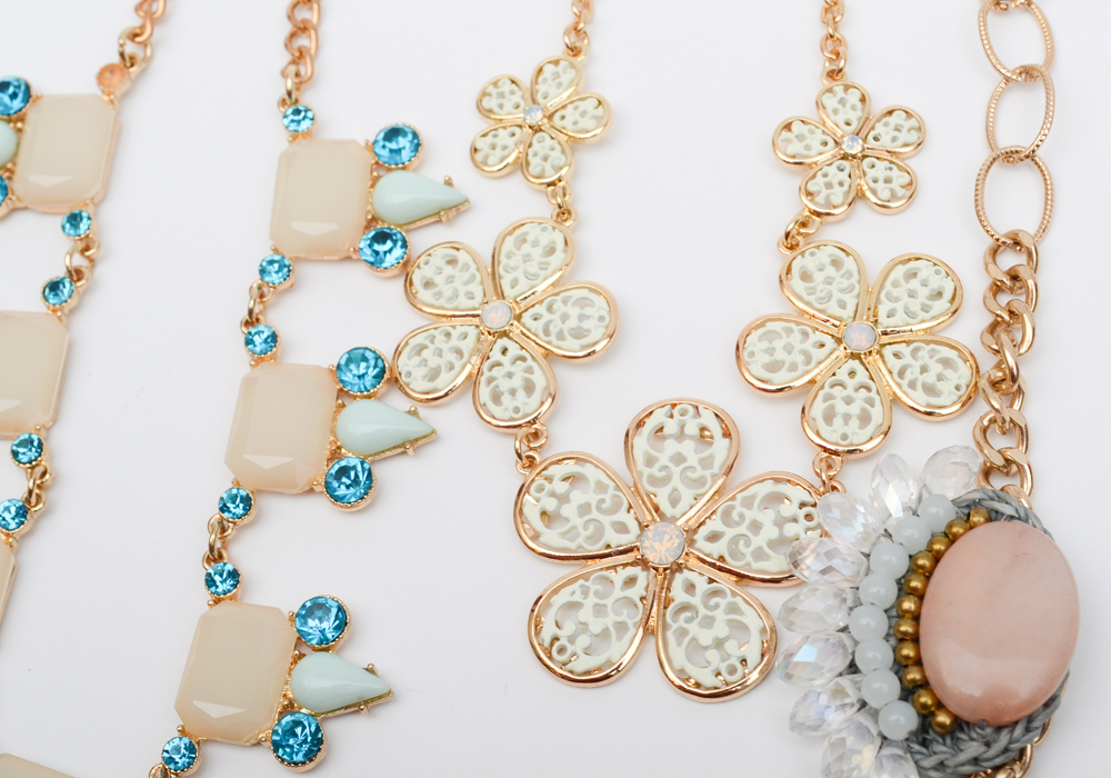 Rhinestone and Beaded Gold Tone Chain Necklaces