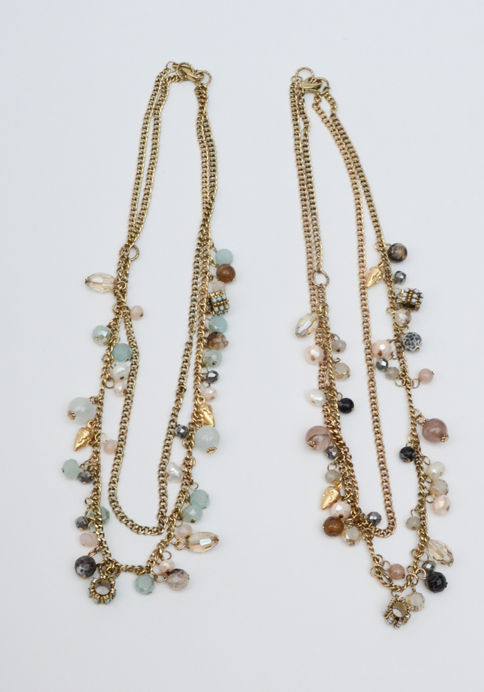 Rhinestone and Beaded Gold Tone Chain Necklaces