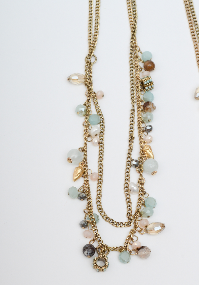 Rhinestone and Beaded Gold Tone Chain Necklaces