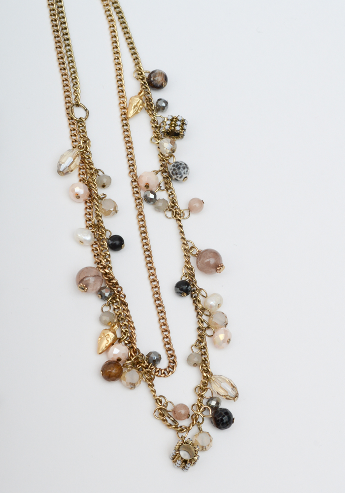 Rhinestone and Beaded Gold Tone Chain Necklaces