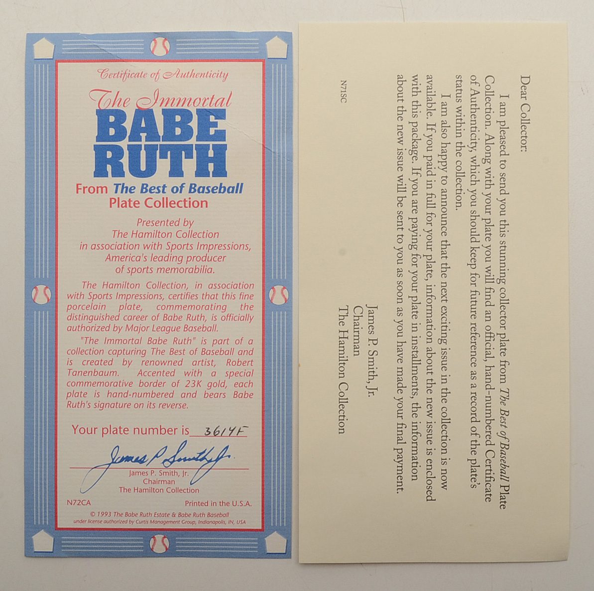 1993 Hamilton Collection Babe Ruth and Mickey Mantle Plates