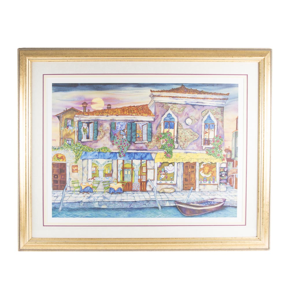 Victoria Salvano Signed Offset Lithograph Depicting Canal-Side Cafe