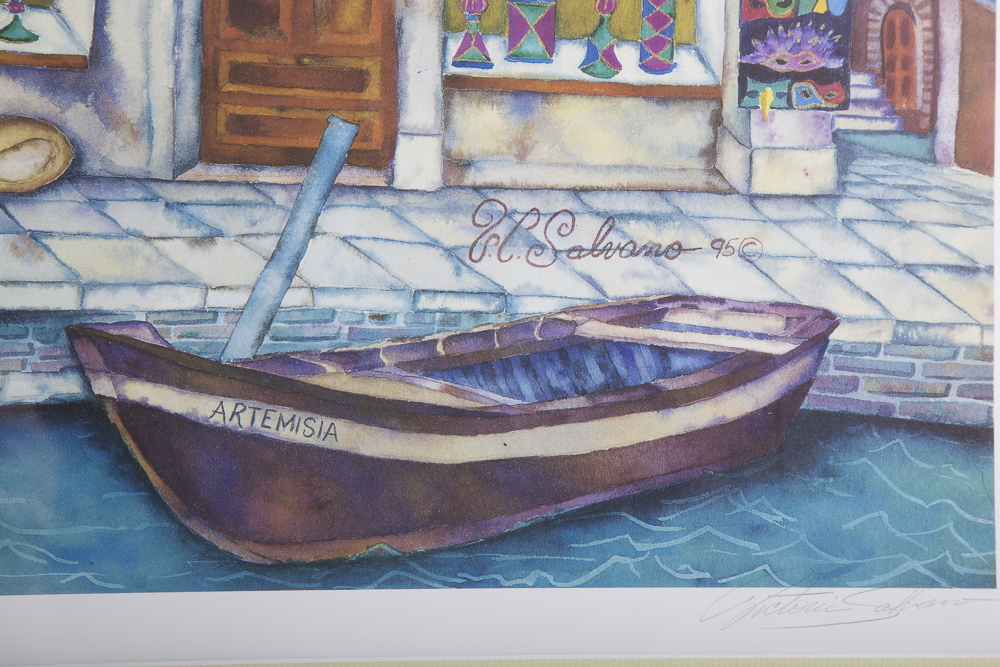 Victoria Salvano Signed Offset Lithograph Depicting Canal-Side Cafe