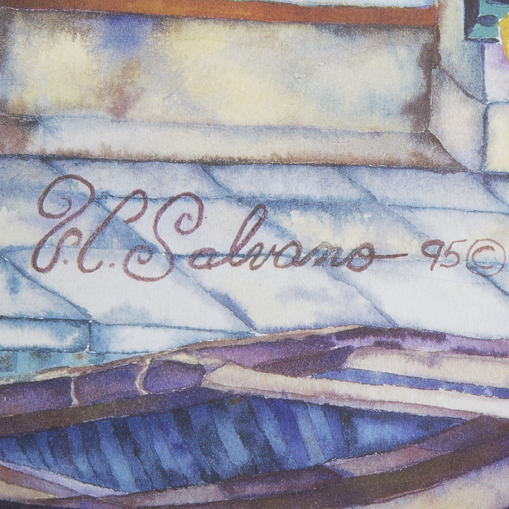 Victoria Salvano Signed Offset Lithograph Depicting Canal-Side Cafe