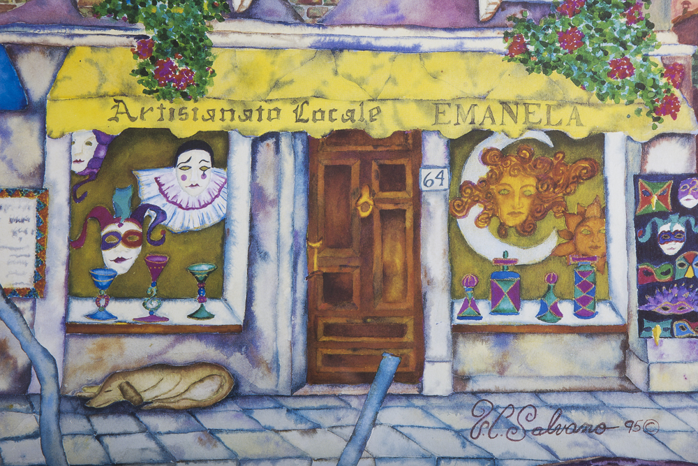 Victoria Salvano Signed Offset Lithograph Depicting Canal-Side Cafe