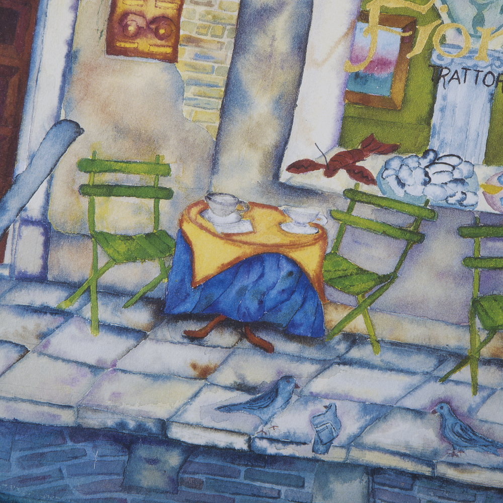Victoria Salvano Signed Offset Lithograph Depicting Canal-Side Cafe