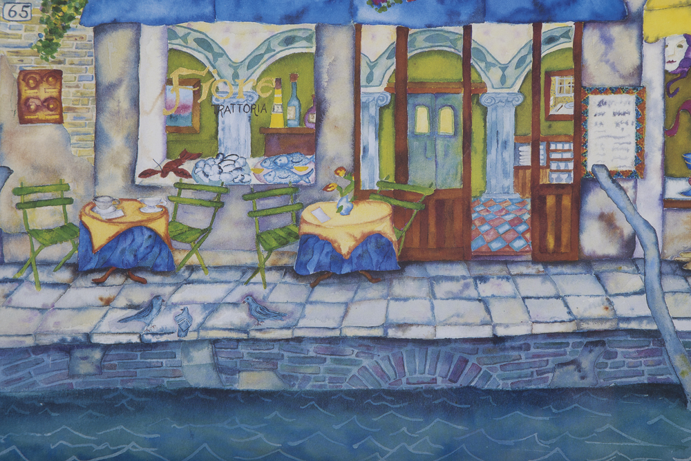Victoria Salvano Signed Offset Lithograph Depicting Canal-Side Cafe