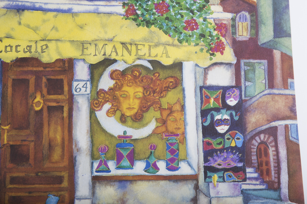 Victoria Salvano Signed Offset Lithograph Depicting Canal-Side Cafe