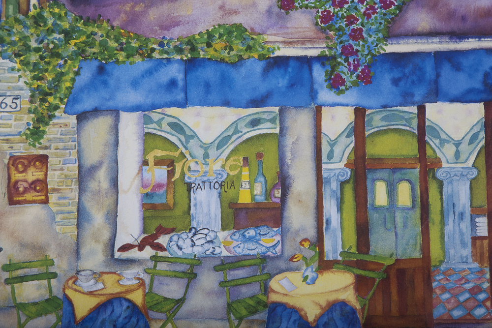 Victoria Salvano Signed Offset Lithograph Depicting Canal-Side Cafe