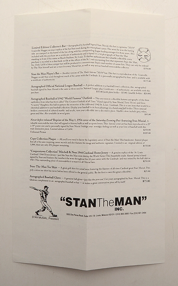 Stan Musial Signed Card With "Stan The Man" COA