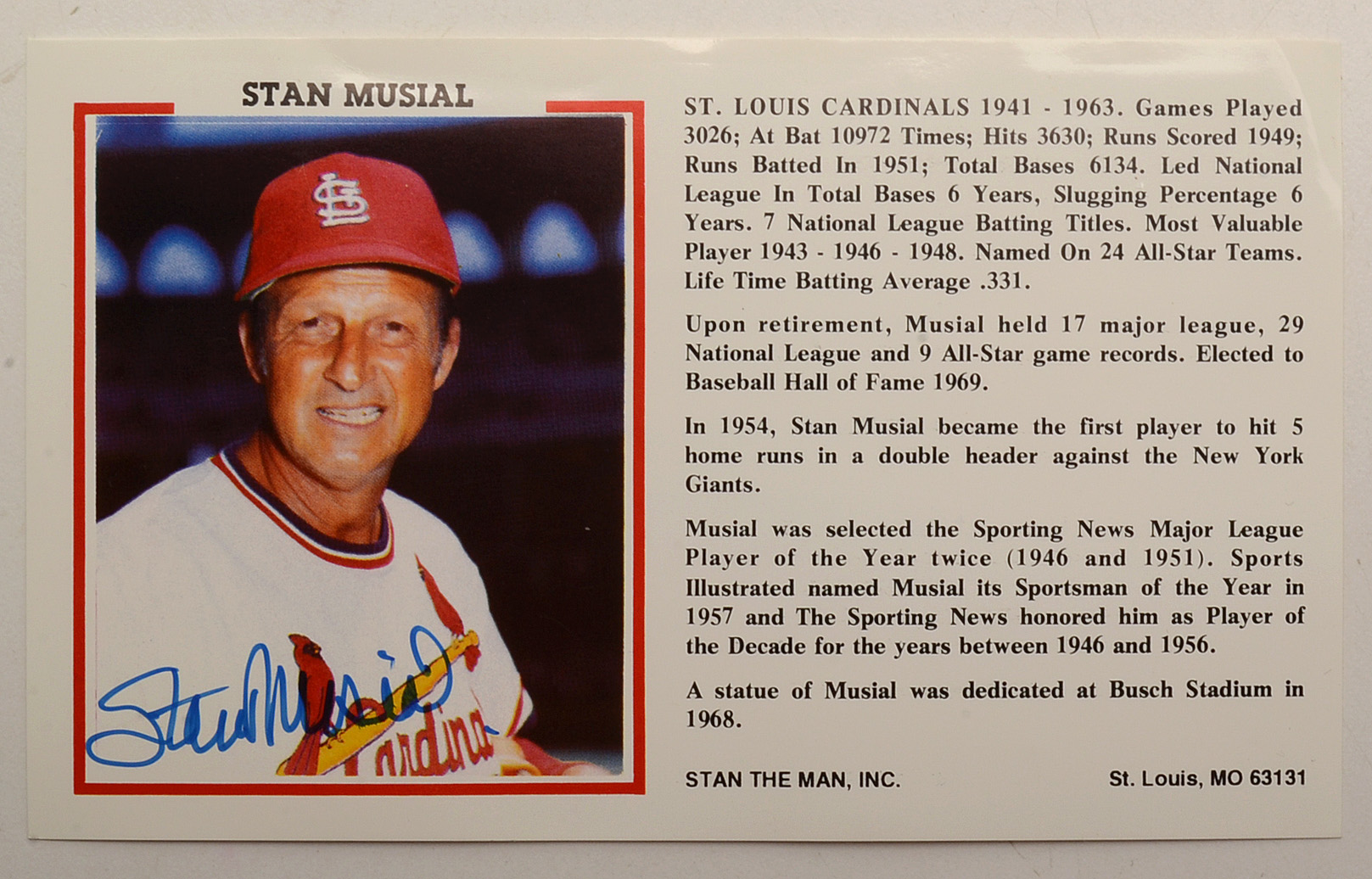 Stan Musial Signed Card With "Stan The Man" COA