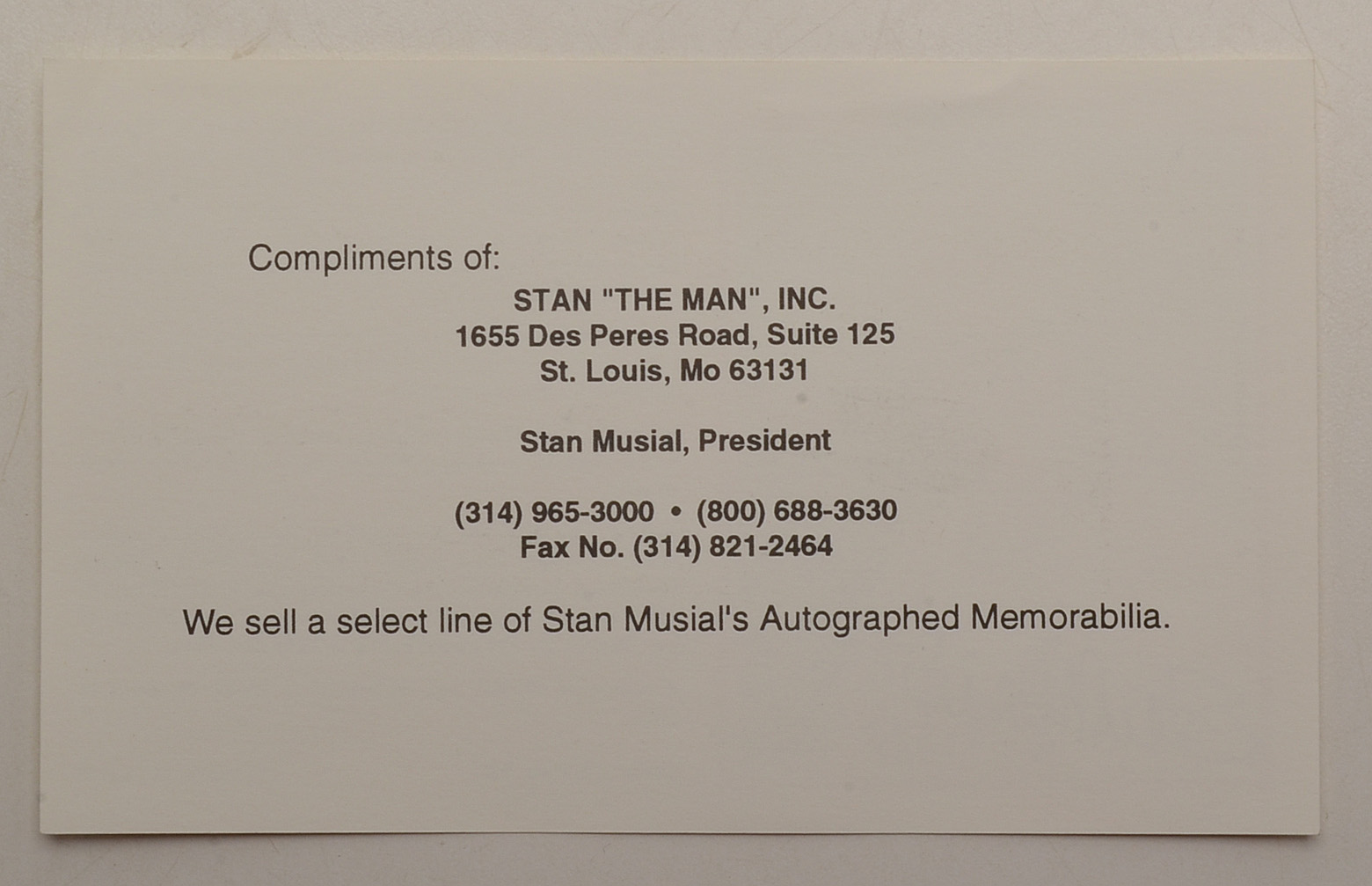 Stan Musial Signed Card With "Stan The Man" COA