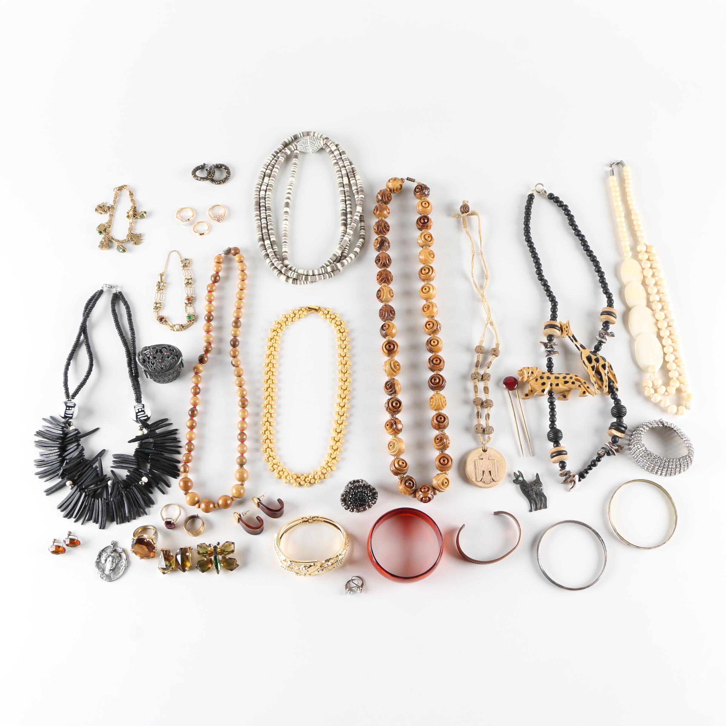 Assortment of Gold-Tone and Wood Costume Jewelry