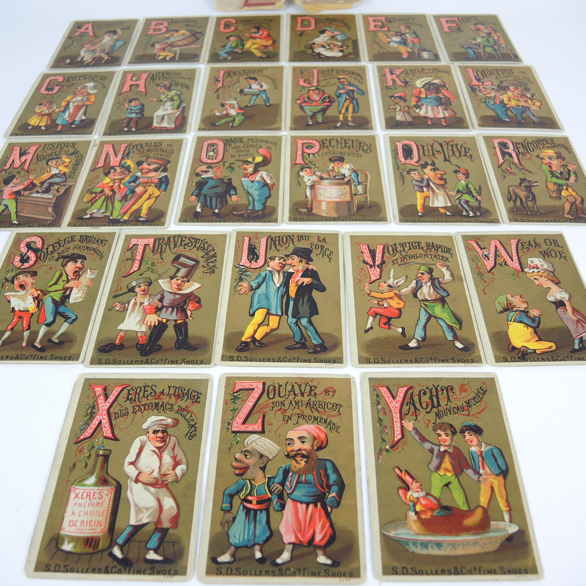 19th Century French Alphabet Victorian Trade Card Set by S.D. Sollers & Co.