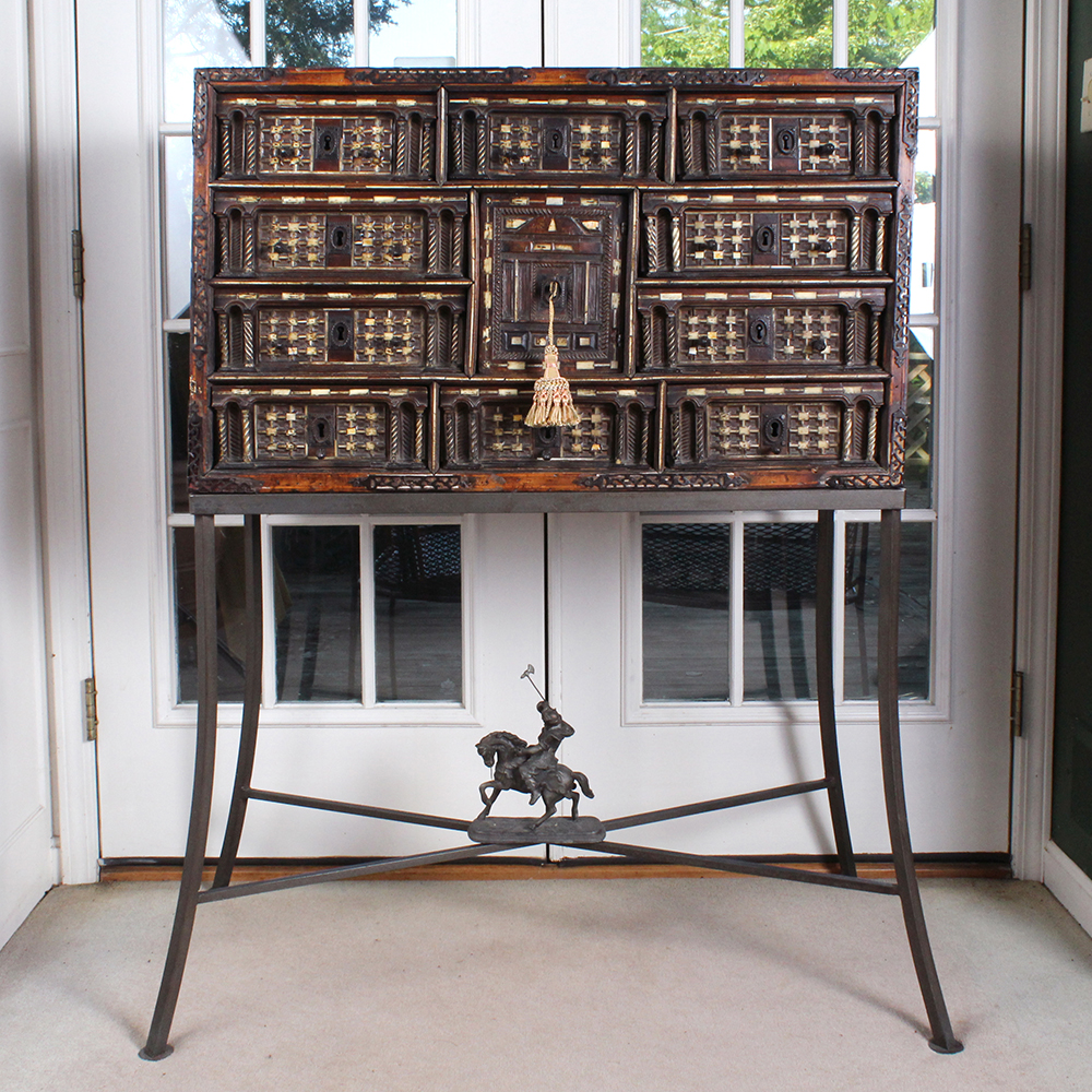 Early Carved Walnut Spanish Papelera with Bone Columns and Wrought Iron Mounts and Custom Stand