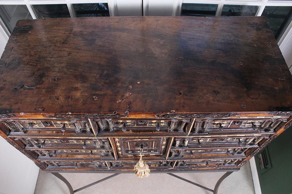 Early Carved Walnut Spanish Papelera with Bone Columns and Wrought Iron Mounts and Custom Stand