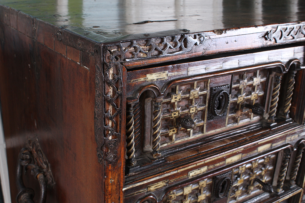 Early Carved Walnut Spanish Papelera with Bone Columns and Wrought Iron Mounts and Custom Stand