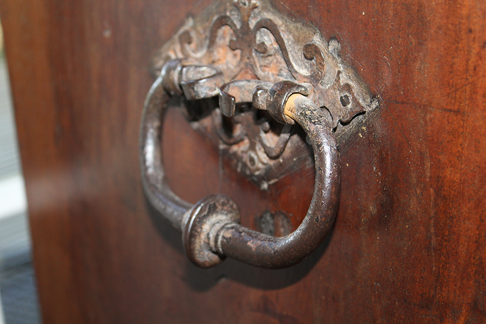 Early Carved Walnut Spanish Papelera with Bone Columns and Wrought Iron Mounts and Custom Stand