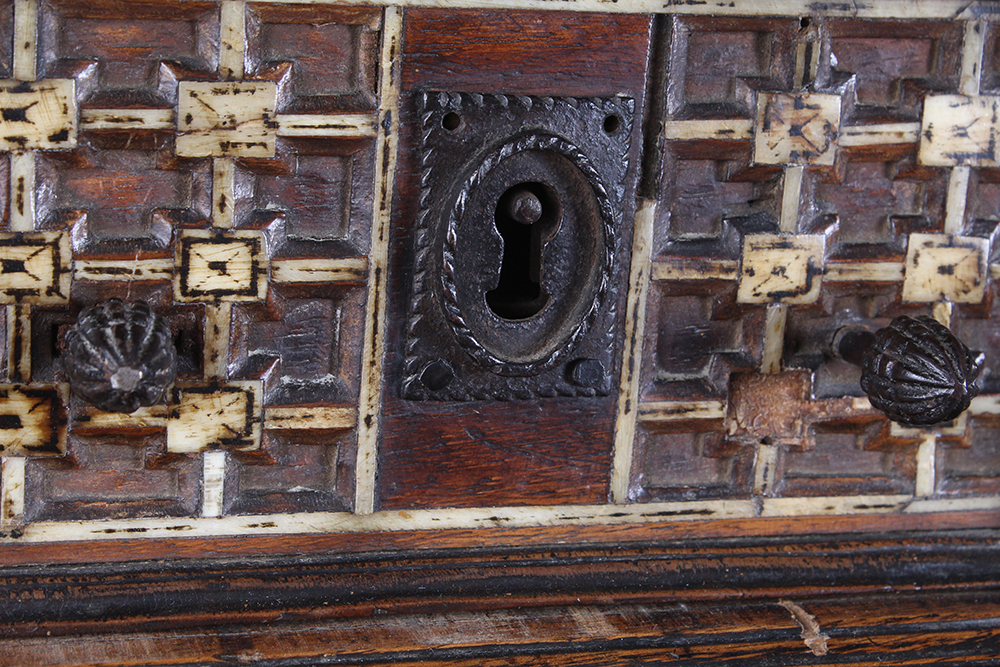 Early Carved Walnut Spanish Papelera with Bone Columns and Wrought Iron Mounts and Custom Stand