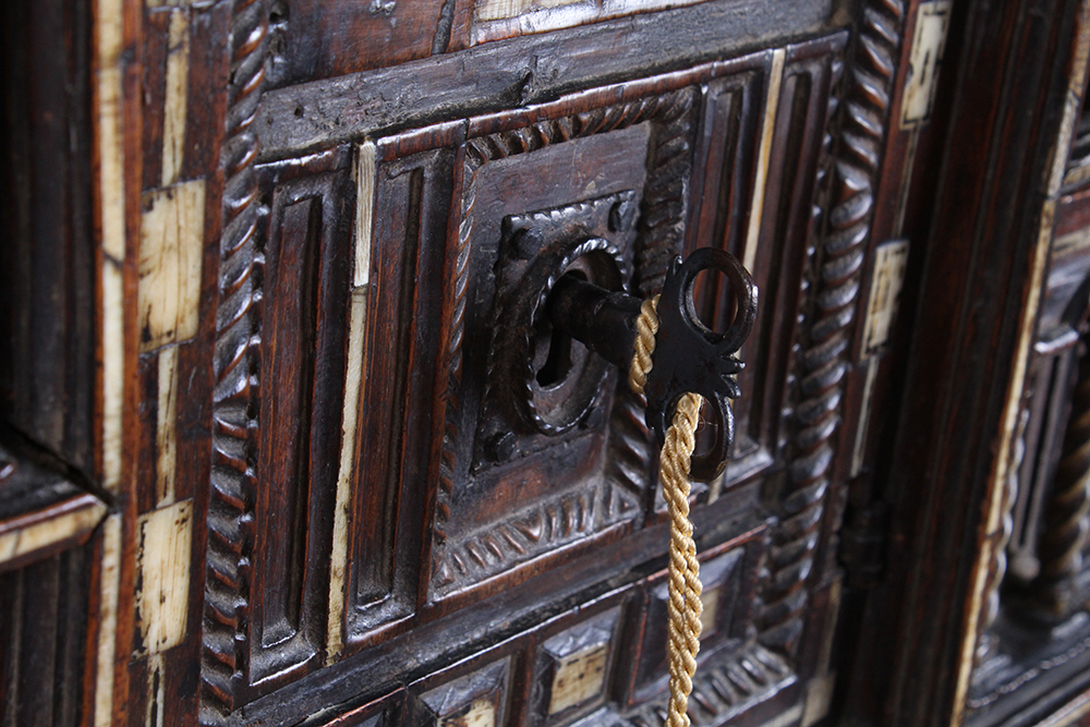 Early Carved Walnut Spanish Papelera with Bone Columns and Wrought Iron Mounts and Custom Stand