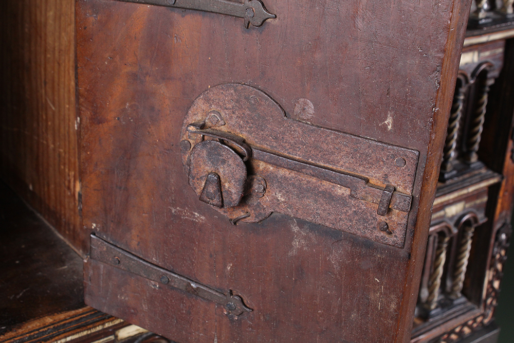 Early Carved Walnut Spanish Papelera with Bone Columns and Wrought Iron Mounts and Custom Stand