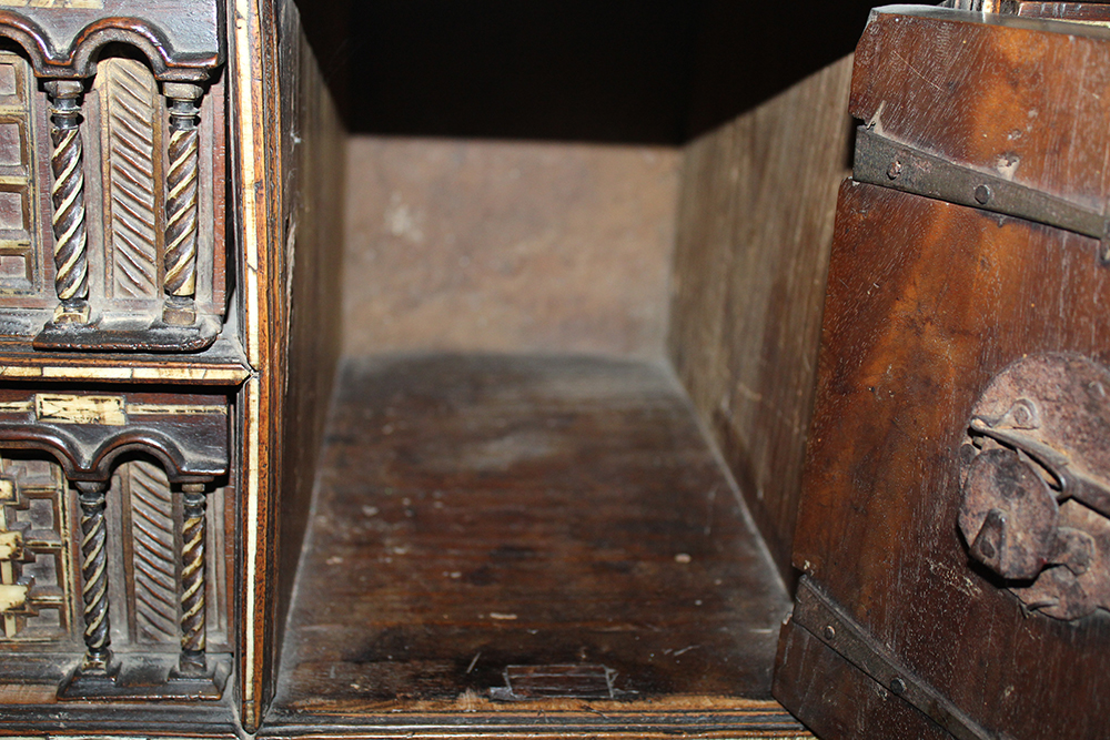 Early Carved Walnut Spanish Papelera with Bone Columns and Wrought Iron Mounts and Custom Stand
