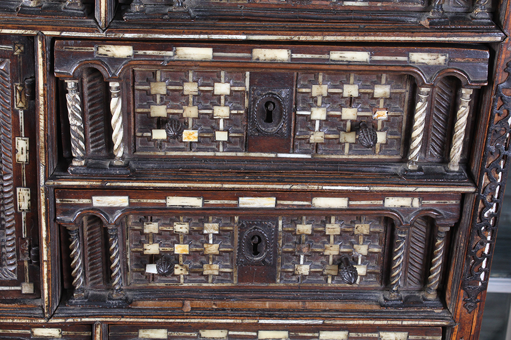 Early Carved Walnut Spanish Papelera with Bone Columns and Wrought Iron Mounts and Custom Stand