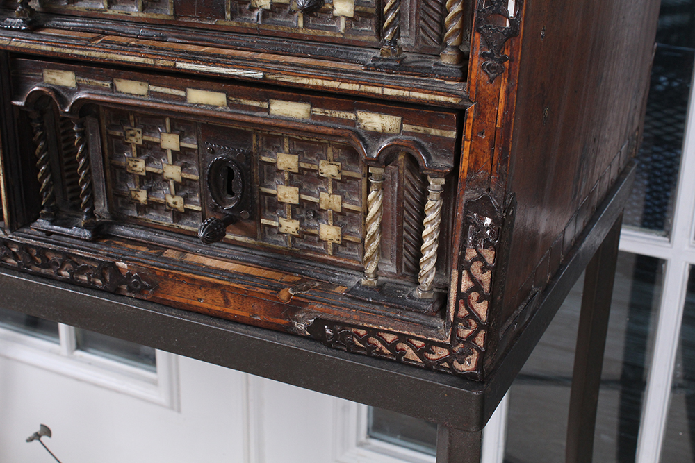 Early Carved Walnut Spanish Papelera with Bone Columns and Wrought Iron Mounts and Custom Stand