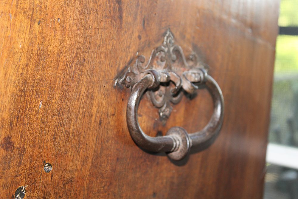 Early Carved Walnut Spanish Papelera with Bone Columns and Wrought Iron Mounts and Custom Stand