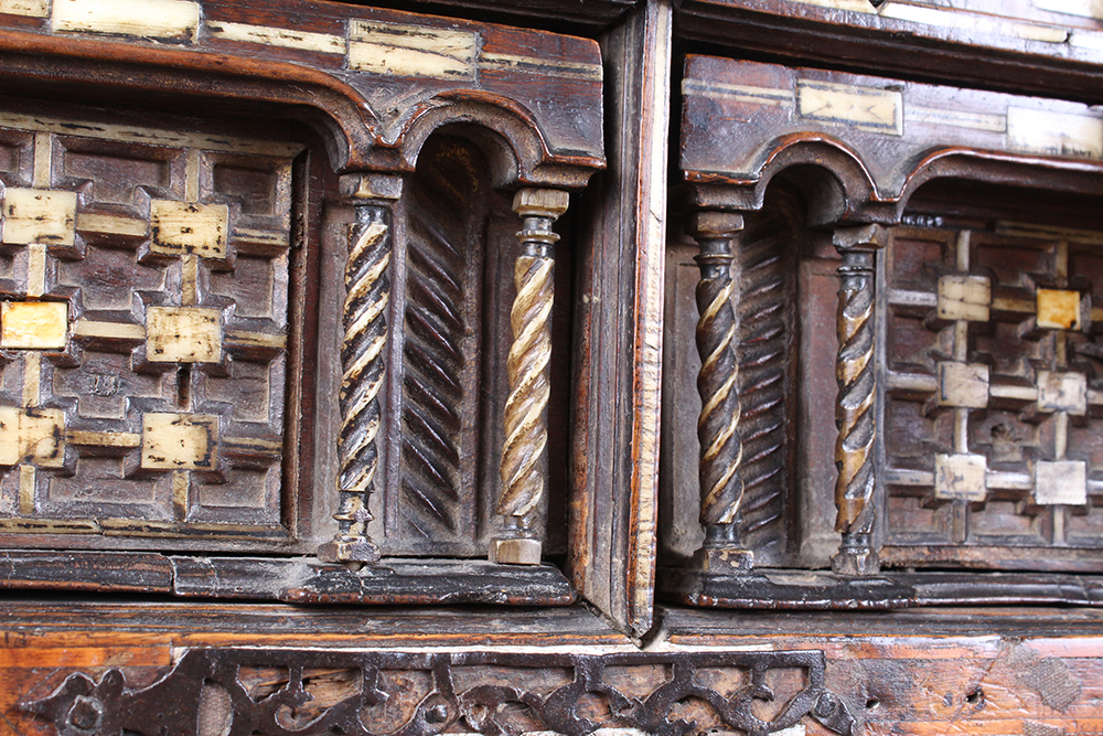 Early Carved Walnut Spanish Papelera with Bone Columns and Wrought Iron Mounts and Custom Stand