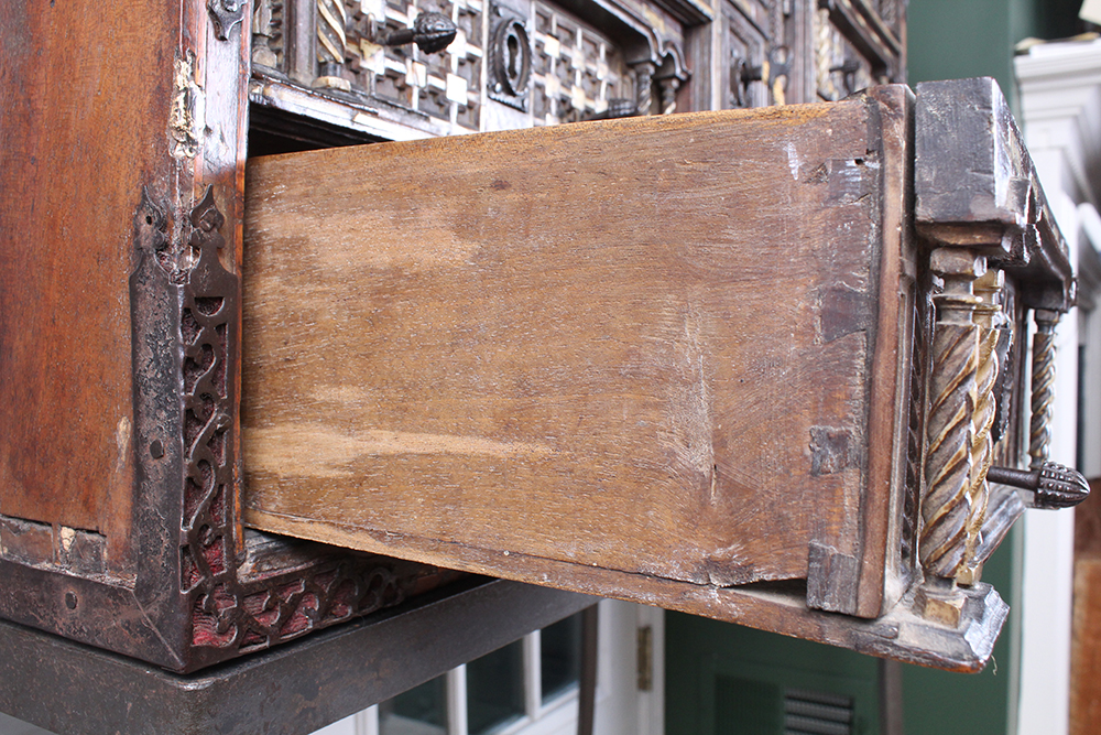 Early Carved Walnut Spanish Papelera with Bone Columns and Wrought Iron Mounts and Custom Stand
