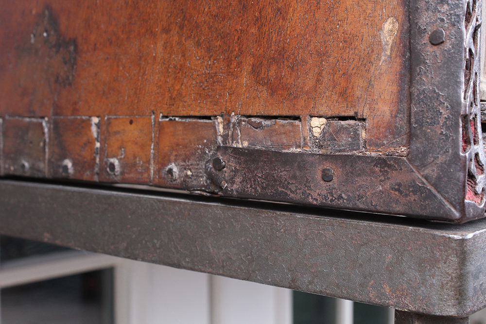 Early Carved Walnut Spanish Papelera with Bone Columns and Wrought Iron Mounts and Custom Stand