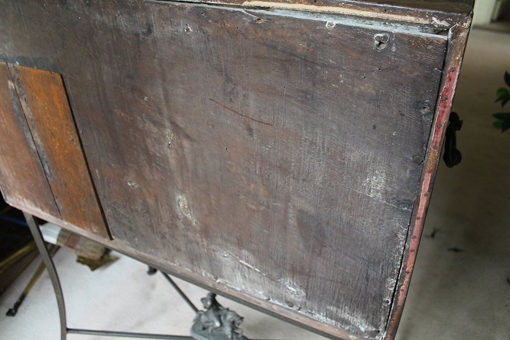 Early Carved Walnut Spanish Papelera with Bone Columns and Wrought Iron Mounts and Custom Stand