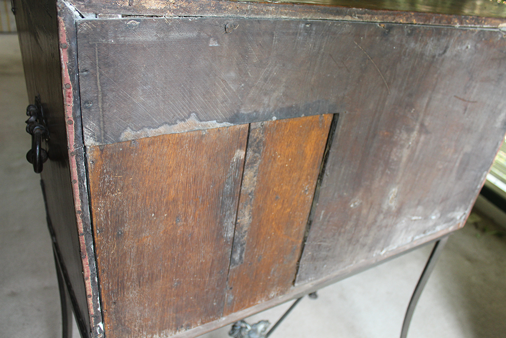 Early Carved Walnut Spanish Papelera with Bone Columns and Wrought Iron Mounts and Custom Stand