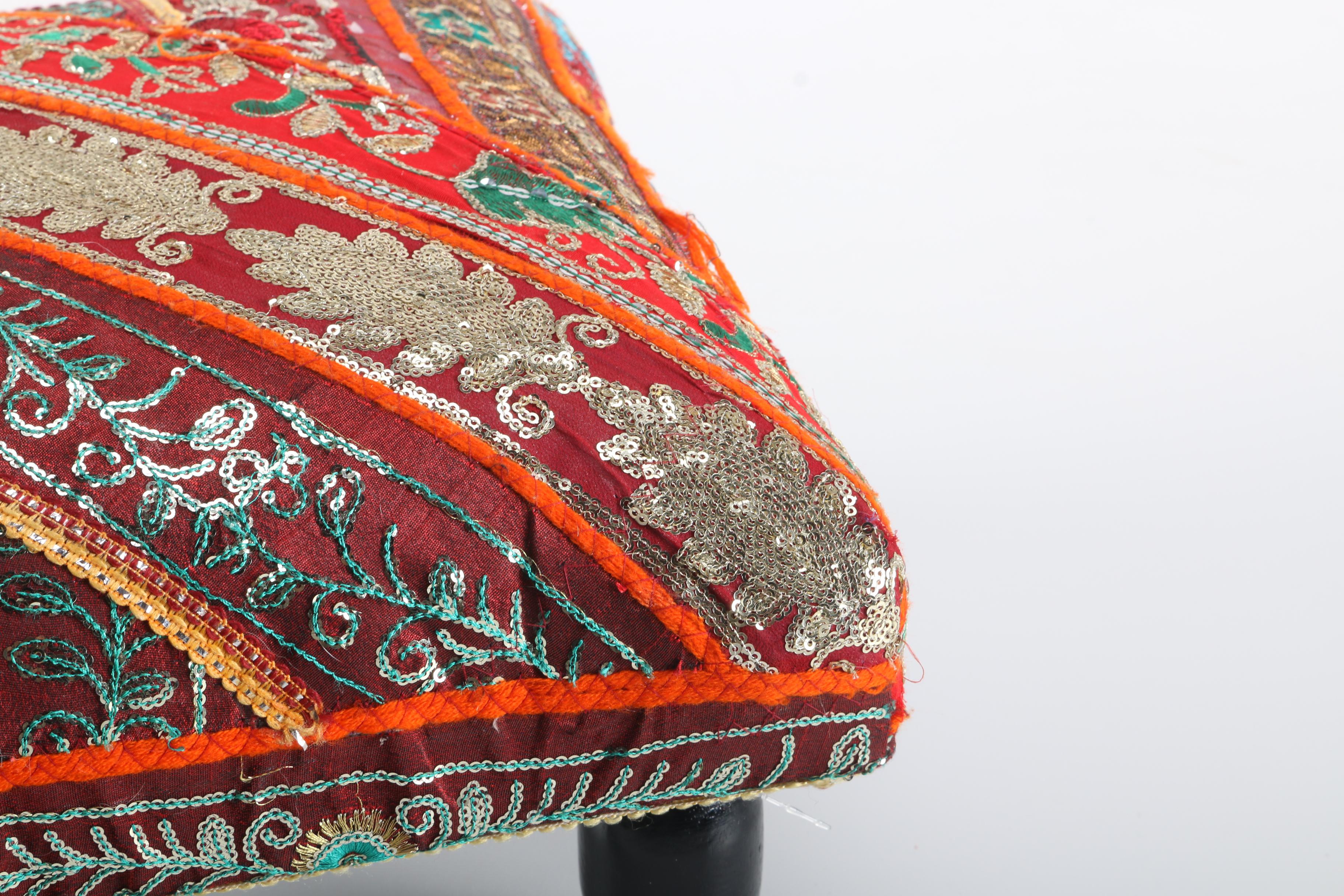 Indian Wooden Stool With Embroidered Cushion