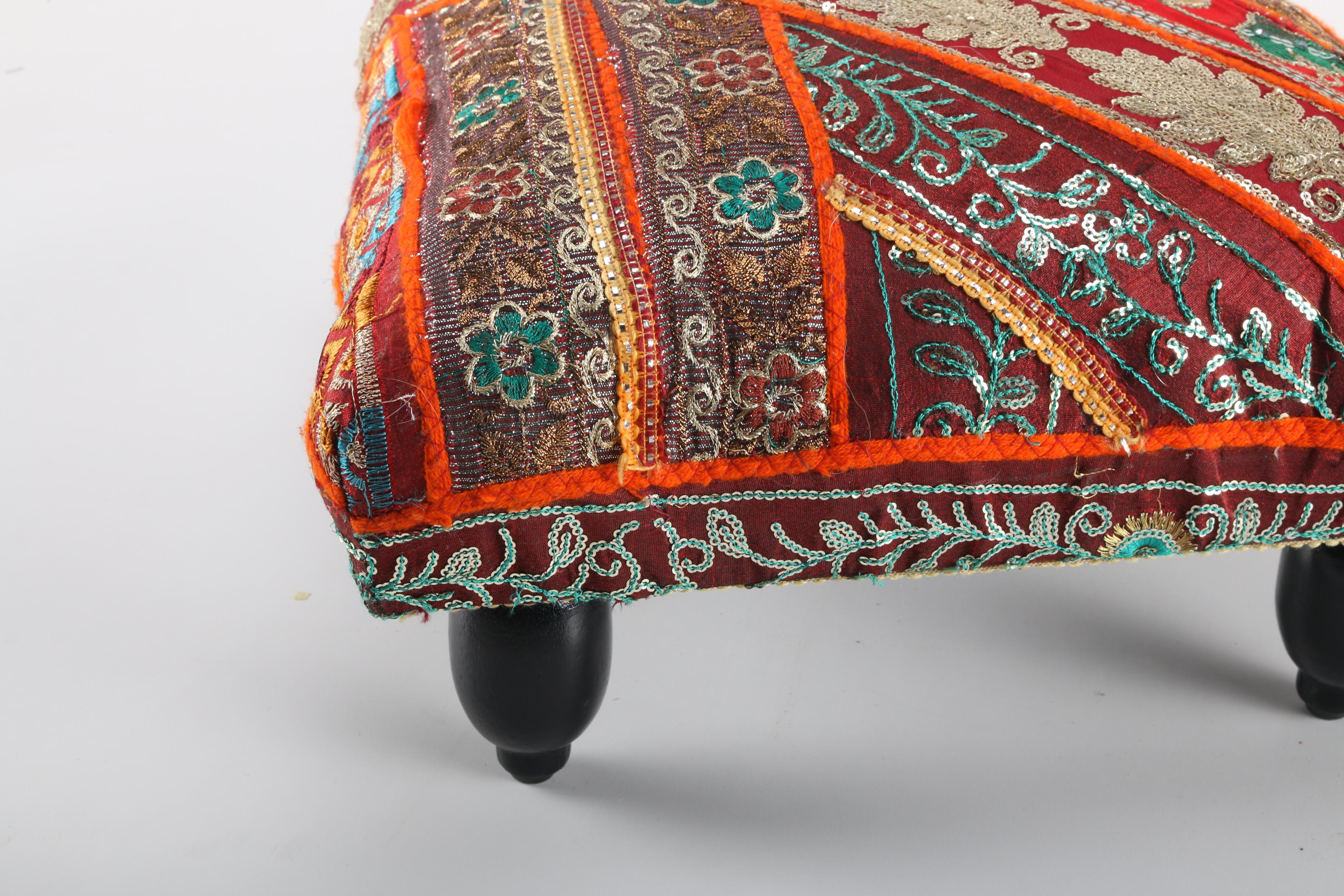 Indian Wooden Stool With Embroidered Cushion