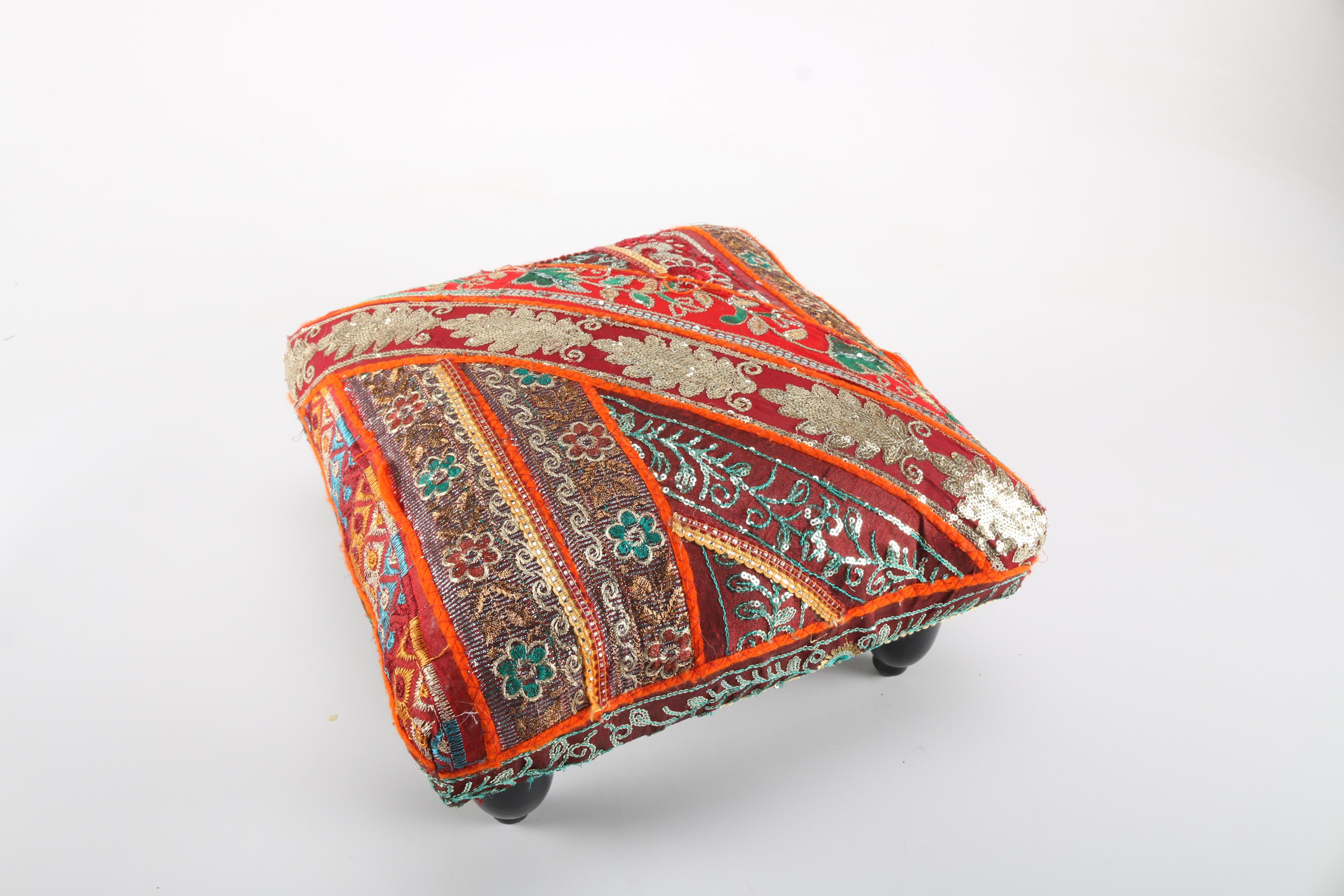 Indian Wooden Stool With Embroidered Cushion