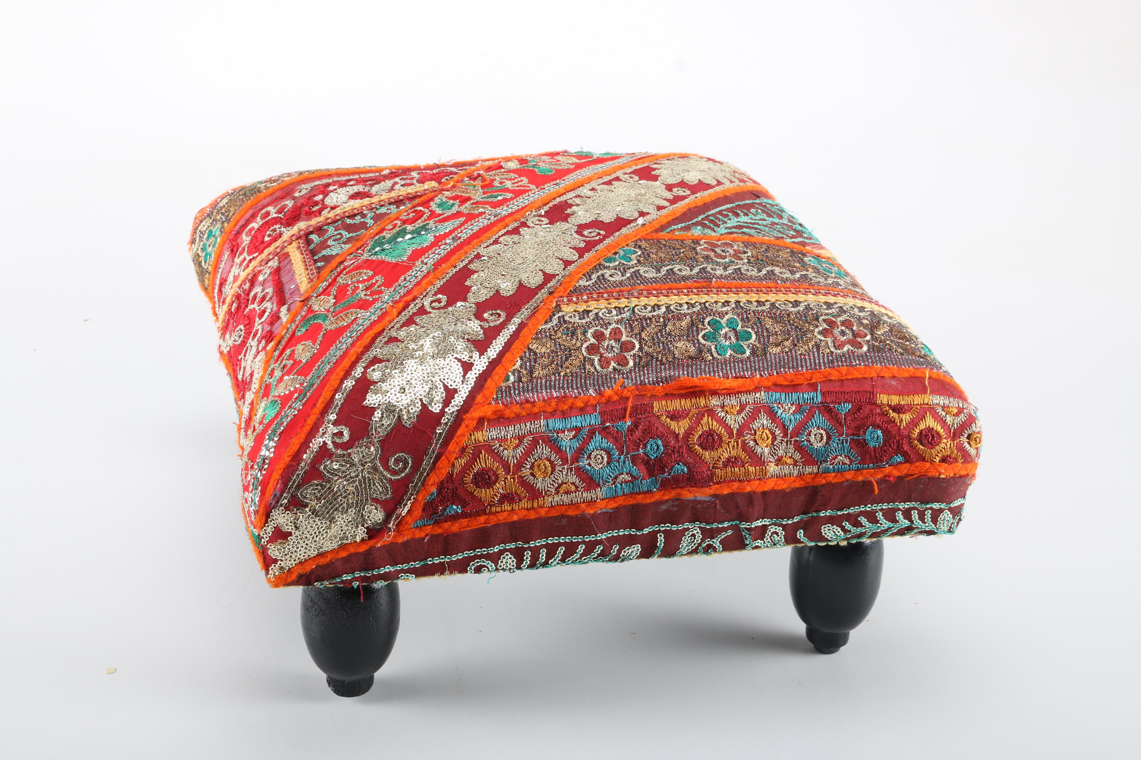 Indian Wooden Stool With Embroidered Cushion