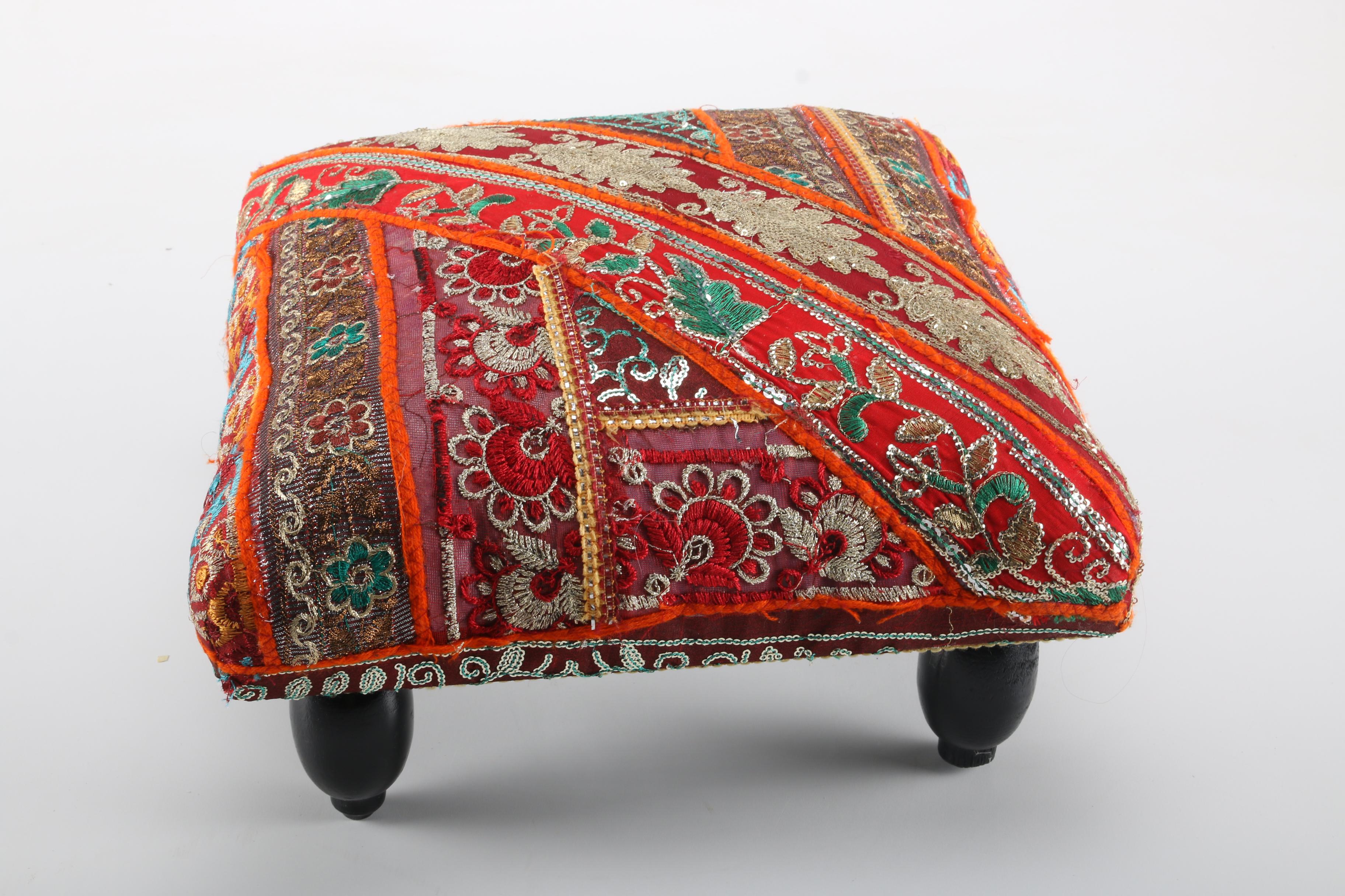 Indian Wooden Stool With Embroidered Cushion