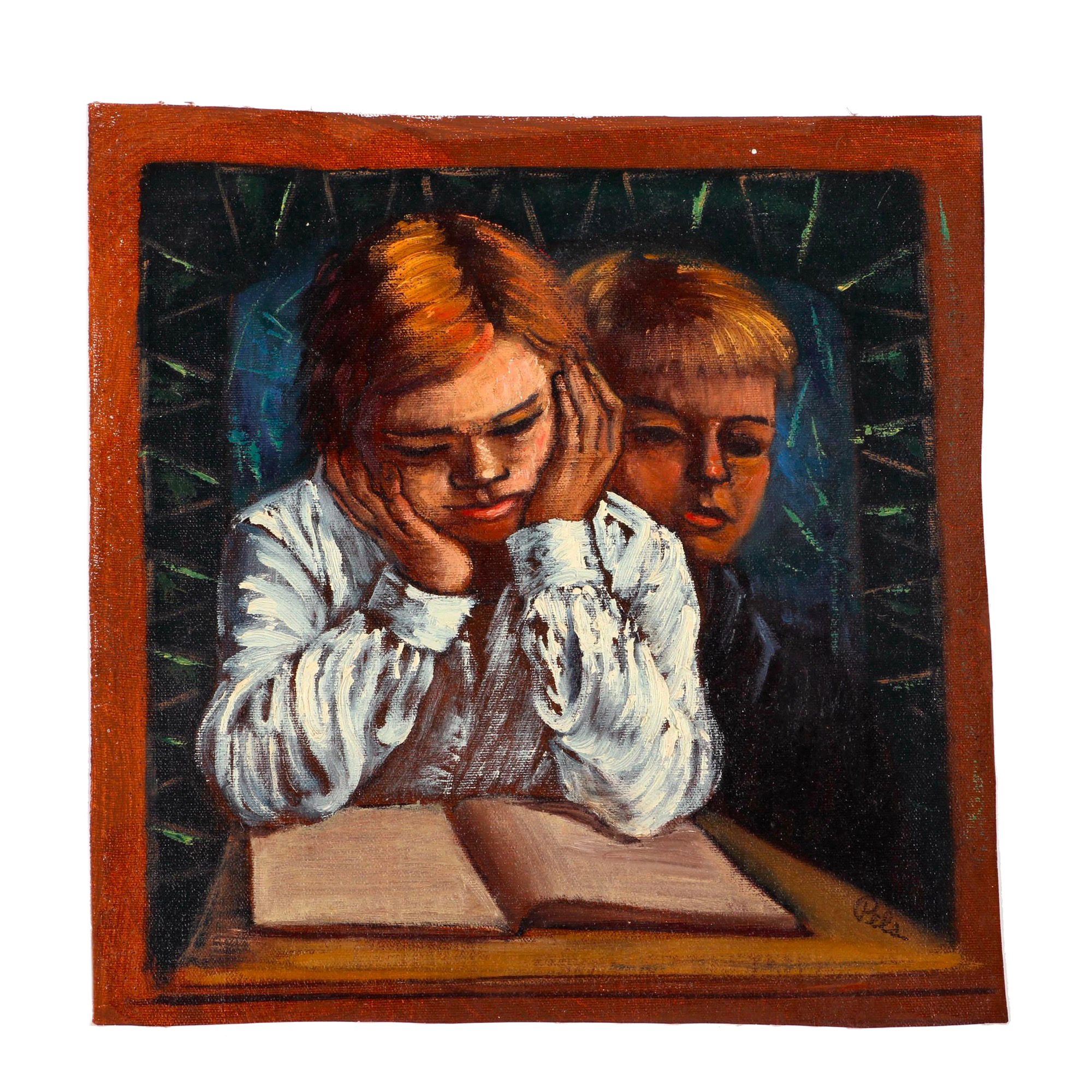 Albert Pels Oil Painting on Unstretched Canvas of Two Children