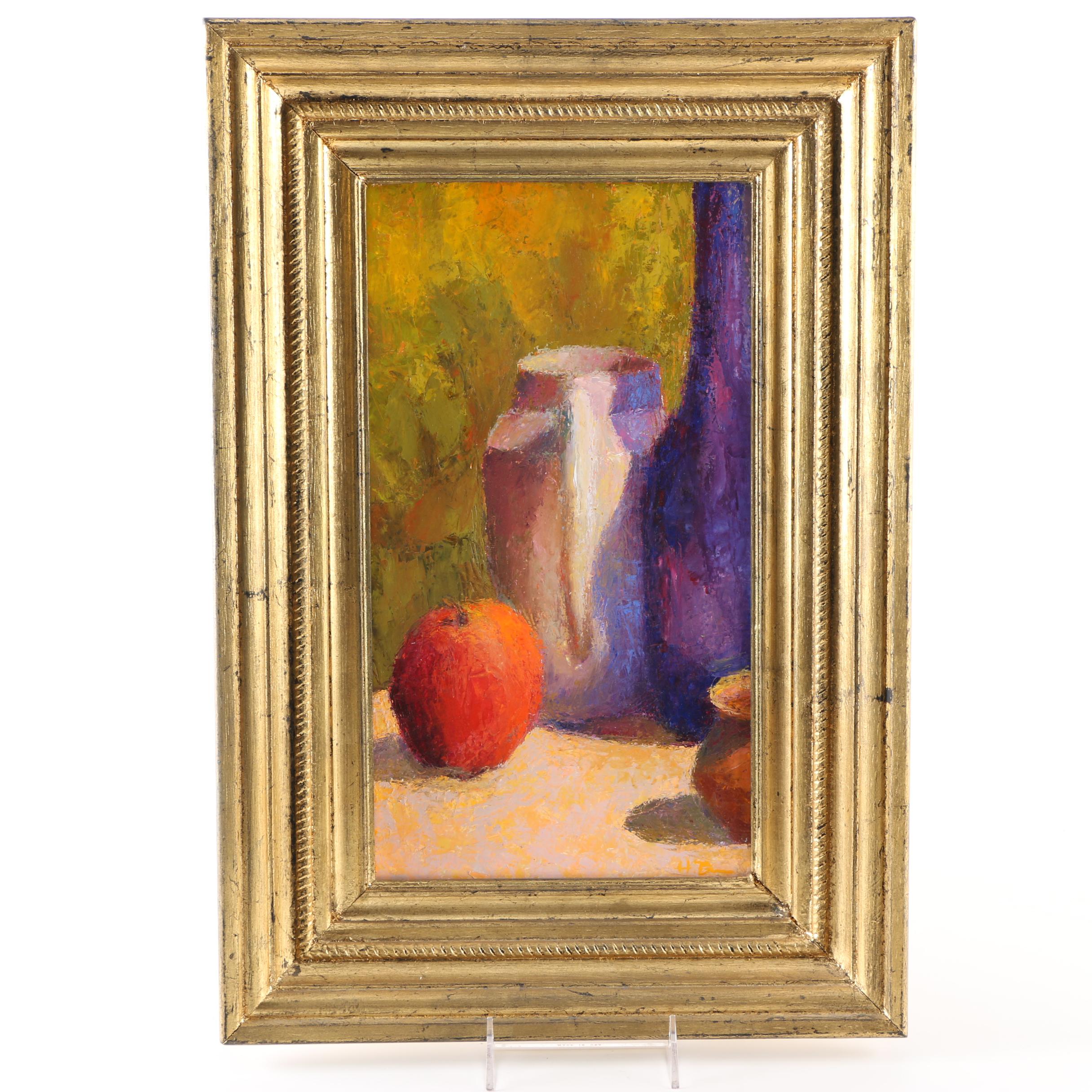 Oil Painting by Heather Bruce Titled "Blue Bottle and Apple"