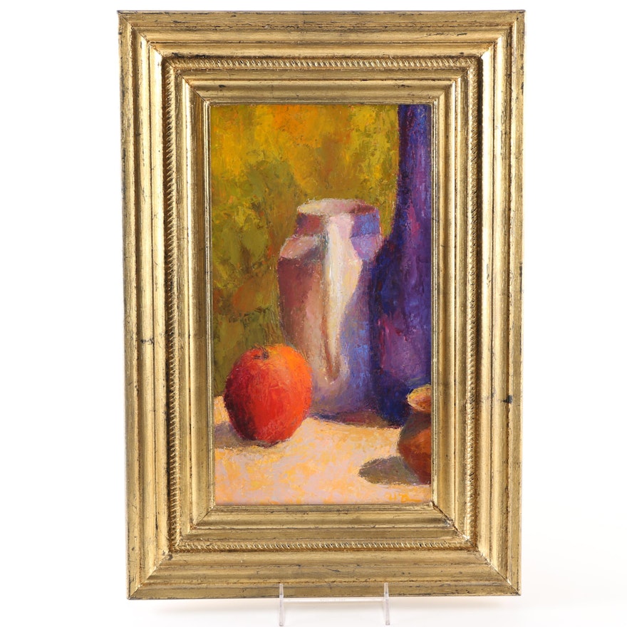 Oil Painting by Heather Bruce Titled "Blue Bottle and Apple"