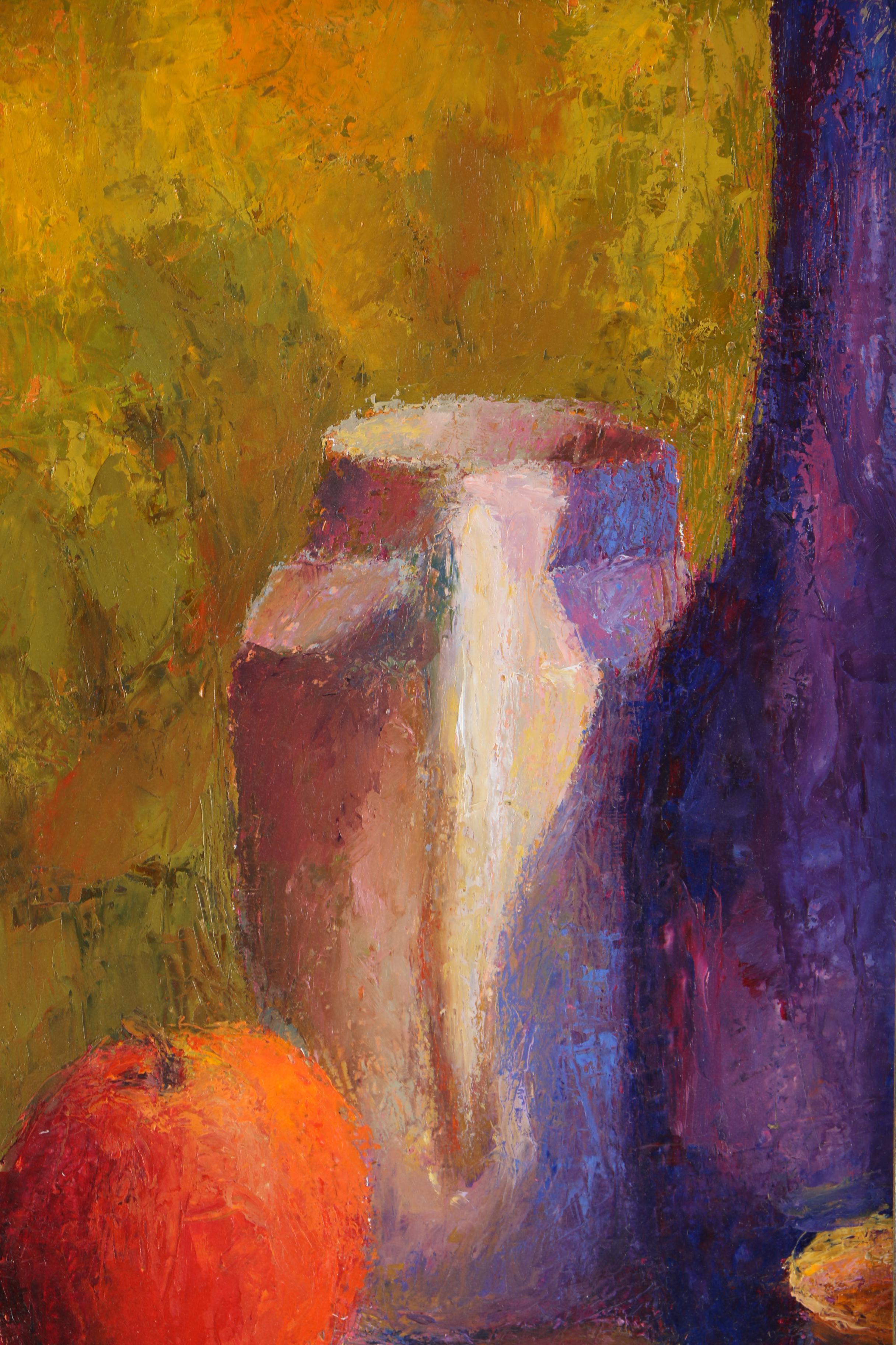 Oil Painting by Heather Bruce Titled "Blue Bottle and Apple"