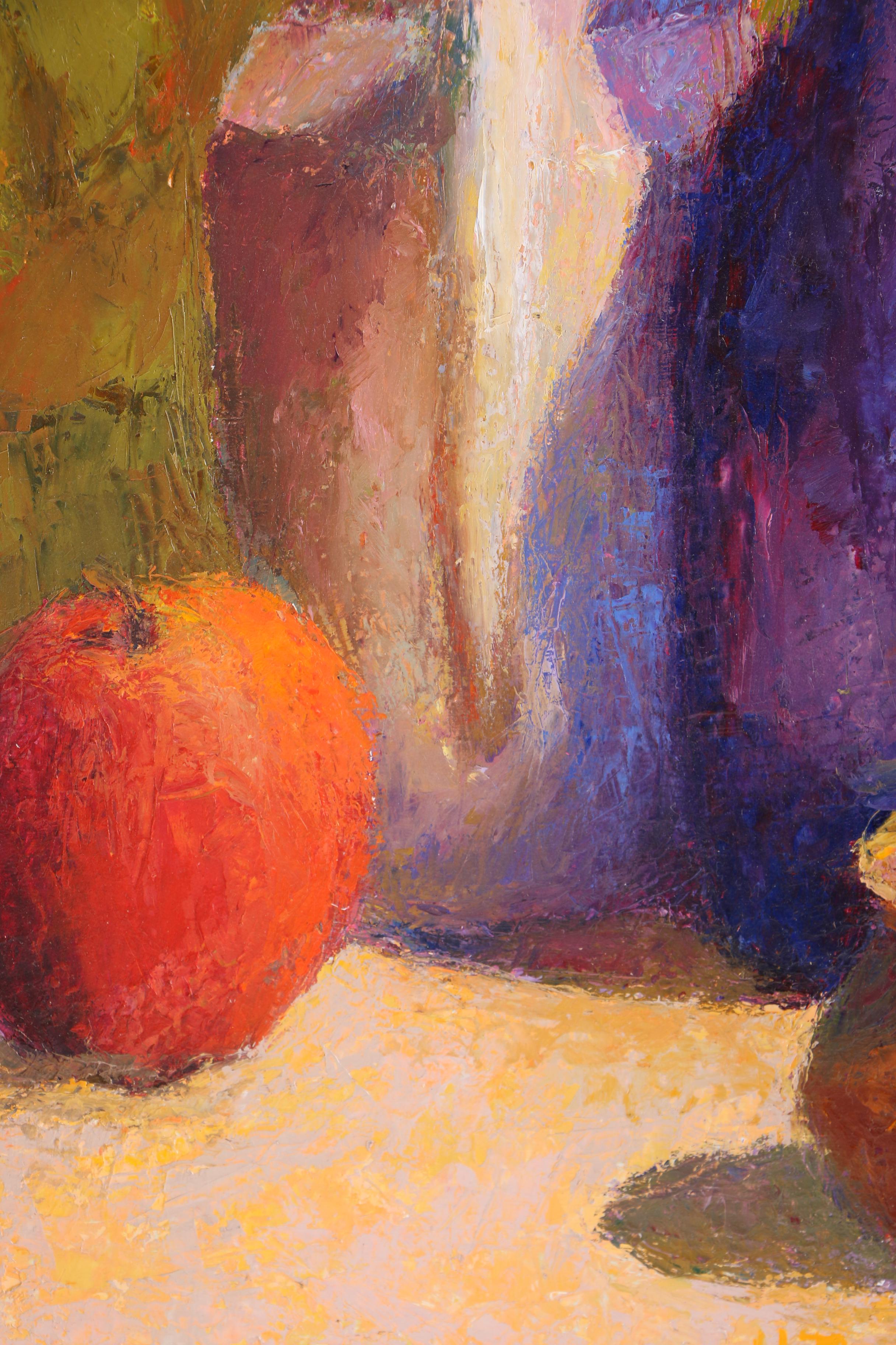 Oil Painting by Heather Bruce Titled "Blue Bottle and Apple"