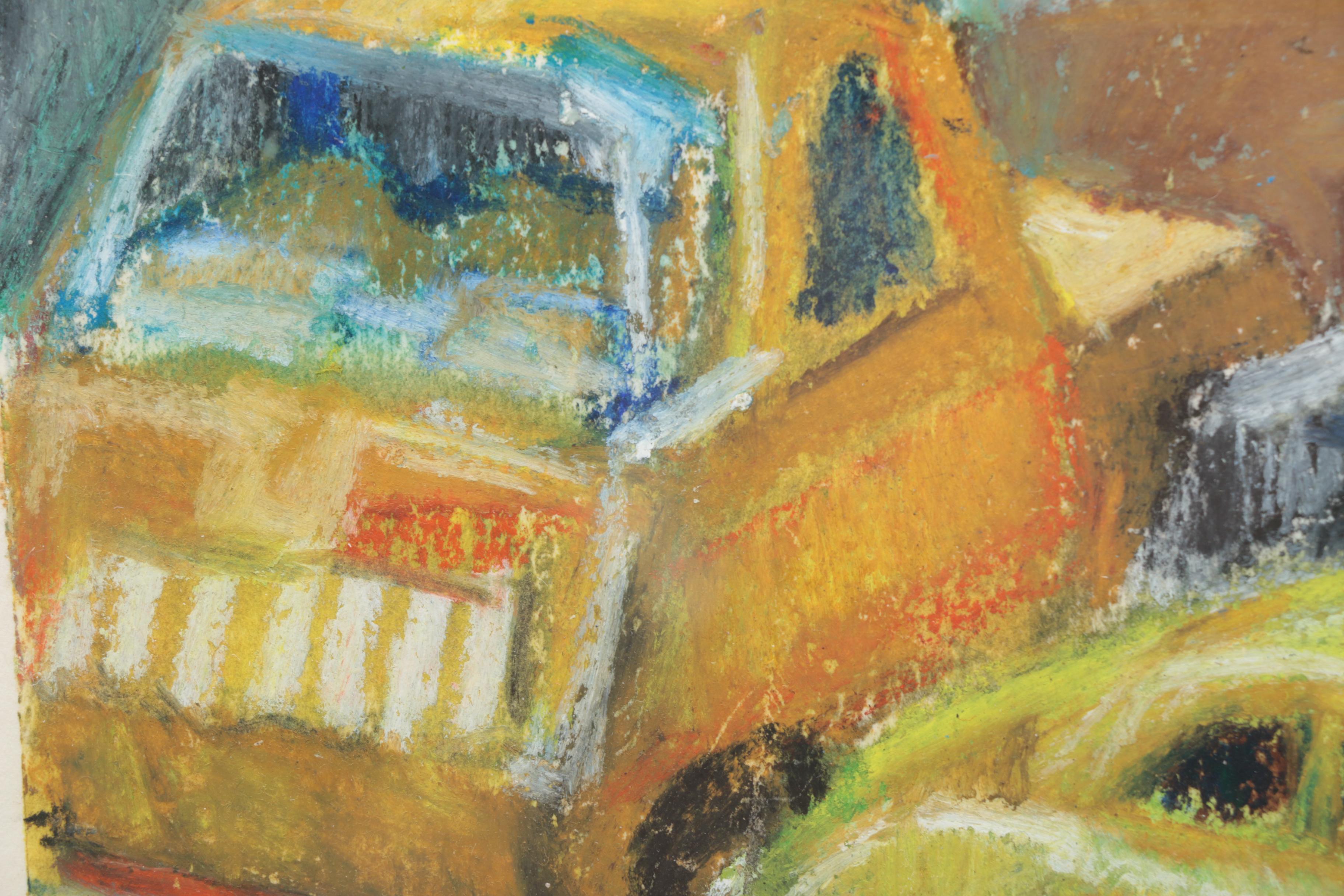Oil Pastel Drawing on Paper of Toy Cars