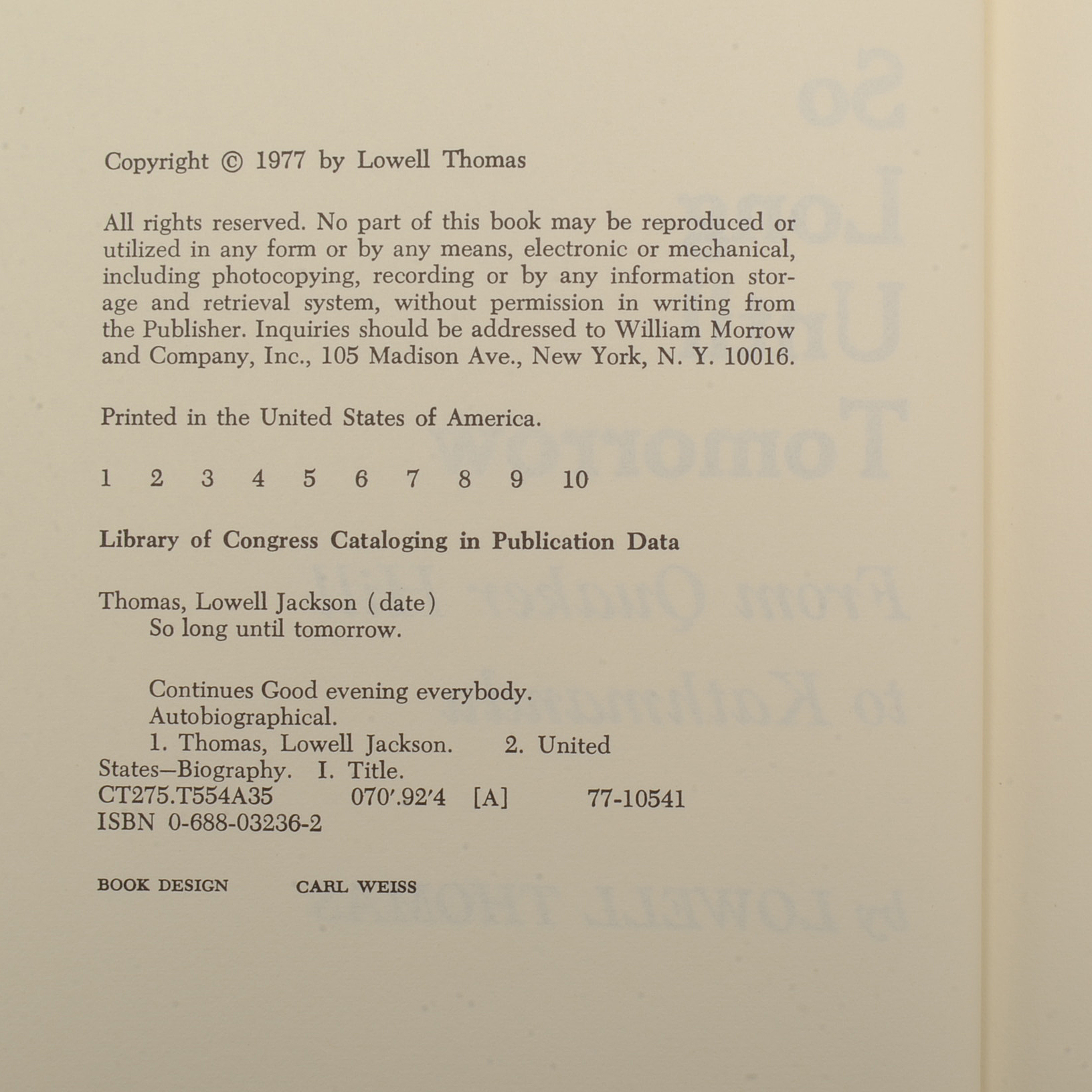 Signed First Edition "So Long Until Tomorrow" by Lowell Thomas