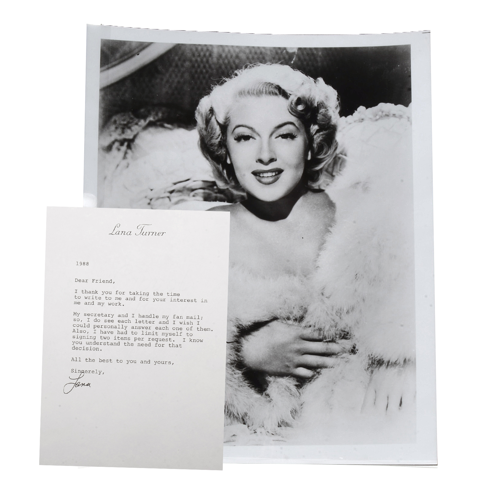 Lana Turner Signed Black and White Photo