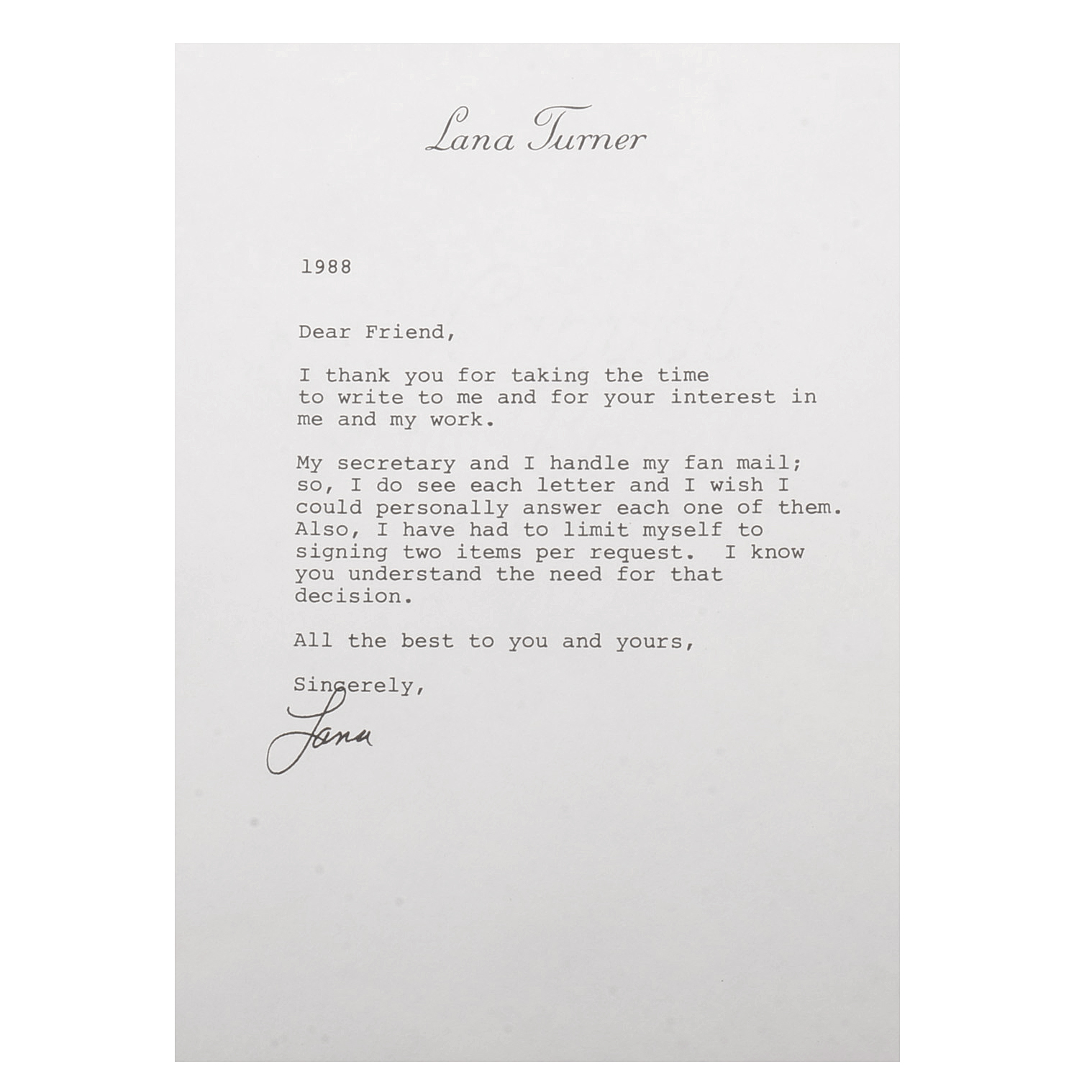 Lana Turner Signed Black and White Photo