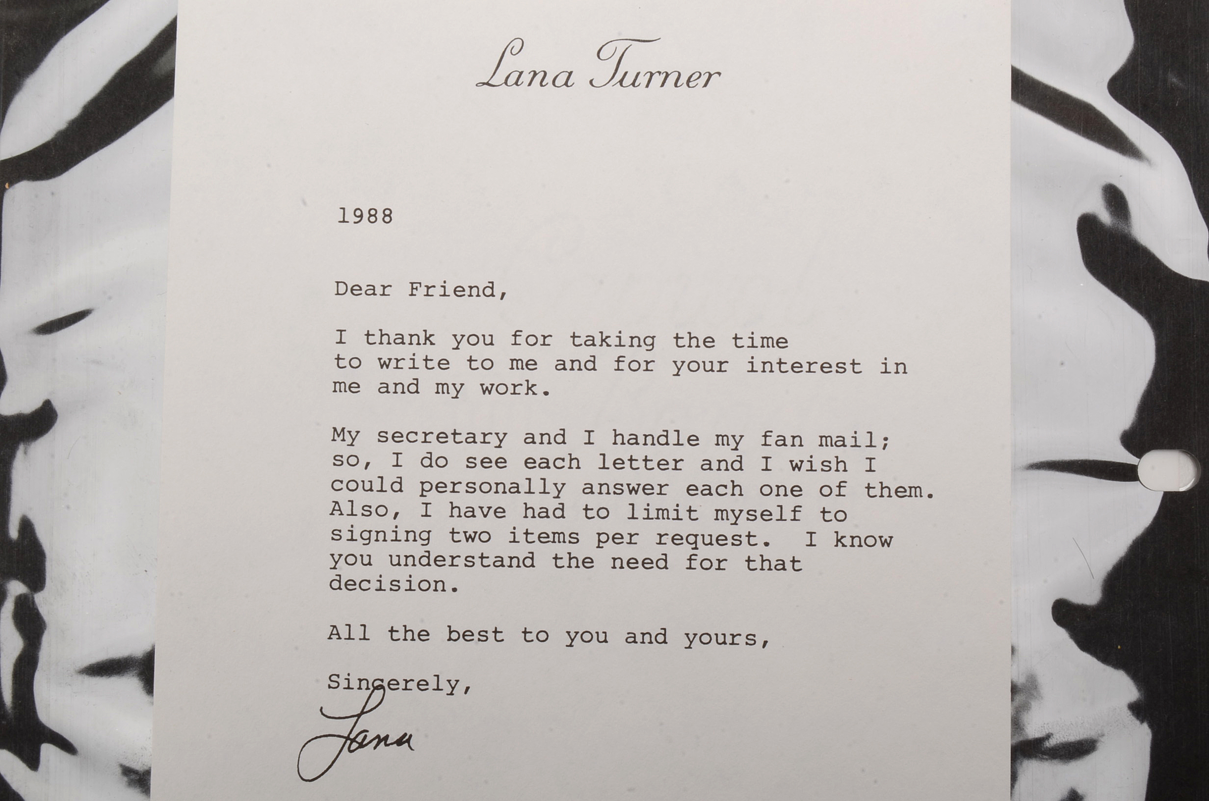 Lana Turner Signed Black and White Photo